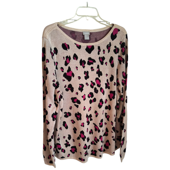 CHICO'S Sweater Women's XL Tan animal Print Long Sleeve Pullover Soft Knit ; - Picture 3 of 13